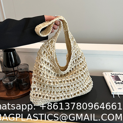 Bolsas Personalizadas Logo Bolsos De Paja Tejida Custom Raffia Clutch Woven Crochet Shoulder Women Handbags Beach Straw Bag Mesh Beach Bag Crochet Tote Bag Straw Crochet Purses for Women Raffia Tote