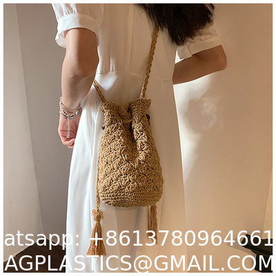 Raffia Paper Rope Crochet Straw Bag for Seaside Vacation Trips Shopping Handmade Large Crocheted Raffia Straw Tote Bag With Stone Closure OEM Bohemian Leather Fashion Women Vintage Casual