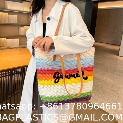 Summer Luxury Crochet Straw Raffia Tote Bag For Women Casual Handbag Embroidery Portable Open For Beach Holidays Casual Outings