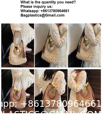 Crochet Tote Bags Summer Beach Bag For Women Vacation Mesh Knit Bag Hippie Bag Woven Knitted Shopping Bag Small Yarn Crochet Storage Bag