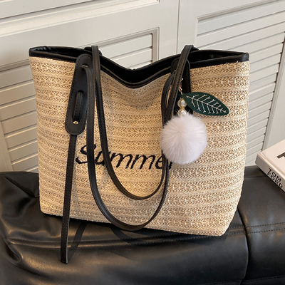 Raffia Crocheted Tote Shopping Bag Handmade Straw Bag Shoulder Beach Woven Handbag Summer Fashion Lady'S Casual Handbags Women'S Straw Shoulder Bags Rattan Woven Top Handle Raffia Crochet Beach