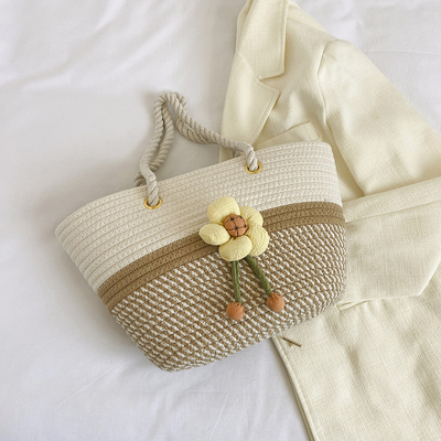 Luxury Large Summer Beach Personalized Custom PU Leather Trim Crochet Raffia Straw Tote Bag Handbag Manufacturers For Women