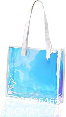 Holographic Clear Tote Bag With Leather Handle Iridescent Beach Totes Shoulder Handbag For Women Summer Pool Party