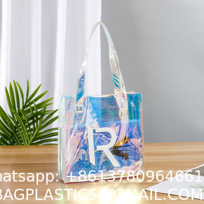Holographic Clear Tote Bag With Leather Handle Iridescent Beach Totes Shoulder Handbag For Women Summer Pool Party