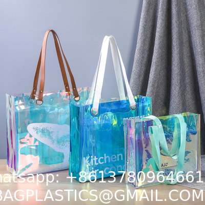 Wholesale Fashion Waterproof Clear Pvc Plastic Iridescent Clear Shoulder Beach Bag Holographic Laser Pvc Tote Shopping Bags