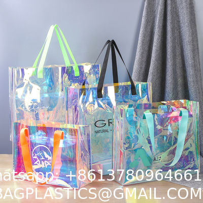 Wholesale Fashion Waterproof Clear Pvc Plastic Iridescent Clear Shoulder Beach Bag Holographic Laser Pvc Tote Shopping Bags