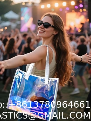 Shiny Plastic Shopping PVC Bag Laser Transparent Holographic Iridescent Womens Beach Fashion Tote Bag With Custom Printed Logo