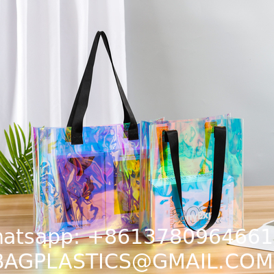 Shiny Plastic Shopping PVC Bag Laser Transparent Holographic Iridescent Womens Beach Fashion Tote Bag With Custom Printed Logo