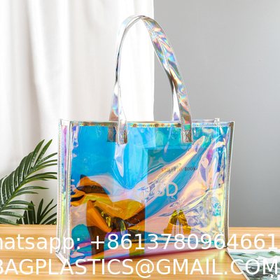 Shiny Plastic Shopping PVC Bag Laser Transparent Holographic Iridescent Womens Beach Fashion Tote Bag With Custom Printed Logo