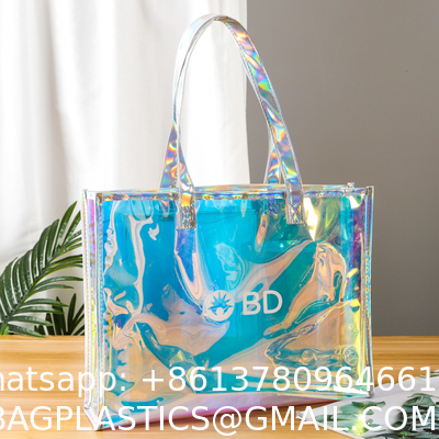 Shiny Plastic Shopping PVC Bag Laser Transparent Holographic Iridescent Womens Beach Fashion Tote Bag With Custom Printed Logo