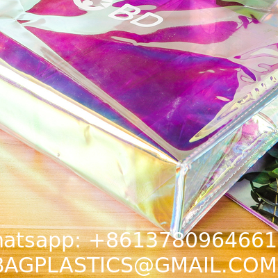Shiny Plastic Shopping PVC Bag Laser Transparent Holographic Iridescent Womens Beach Fashion Tote Bag With Custom Printed Logo