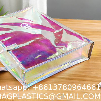 Shiny Plastic Shopping PVC Bag Laser Transparent Holographic Iridescent Womens Beach Fashion Tote Bag With Custom Printed Logo