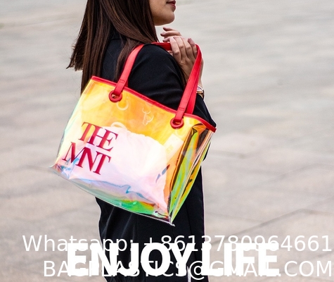 Custom Beach Bag Wholesale Pvc Shopping Bag Luxury Waterproof Holographic Clear Tote Bags With Logo Women Cosmetic Handbags