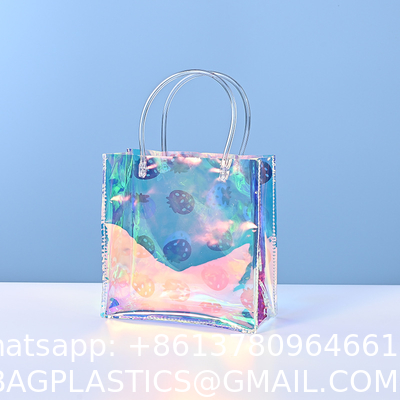 Custom Logo Eco-Friendly Recycle Iridescent Hologram Colorful Pvc Plastic Beach Bag TPU Handle Holographic Tote Shopping Bag