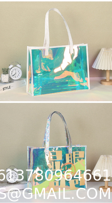 Custom Logo Eco-Friendly Recycle Iridescent Hologram Colorful Pvc Plastic Beach Bag TPU Handle Holographic Tote Shopping Bag