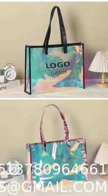 Custom Logo Eco-Friendly Recycle Iridescent Hologram Colorful Pvc Plastic Beach Bag TPU Handle Holographic Tote Shopping Bag