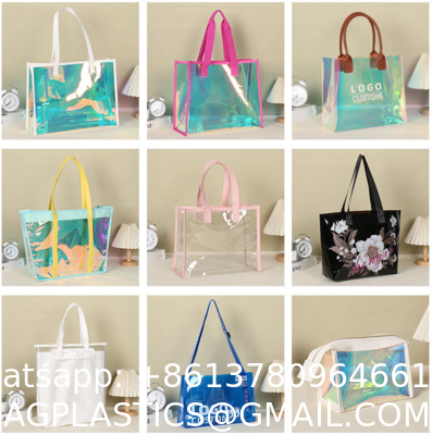 Custom Logo Eco-Friendly Recycle Iridescent Hologram Colorful Pvc Plastic Beach Bag TPU Handle Holographic Tote Shopping Bag