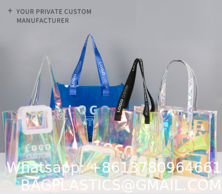Custom Logo Eco-Friendly Recycle Iridescent Hologram Colorful Pvc Plastic Beach Bag TPU Handle Holographic Tote Shopping Bag
