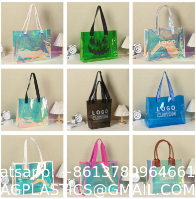 Custom Logo Eco-Friendly Recycle Iridescent Hologram Colorful Pvc Plastic Beach Bag TPU Handle Holographic Tote Shopping Bag
