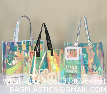 Custom Logo Eco-Friendly Recycle Iridescent Hologram Colorful Pvc Plastic Beach Bag TPU Handle Holographic Tote Shopping Bag