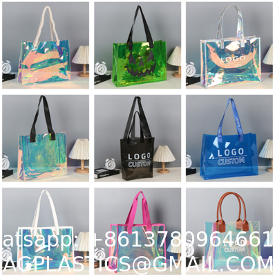 Custom Logo Eco-Friendly Recycle Iridescent Hologram Colorful Pvc Plastic Beach Bag TPU Handle Holographic Tote Shopping Bag