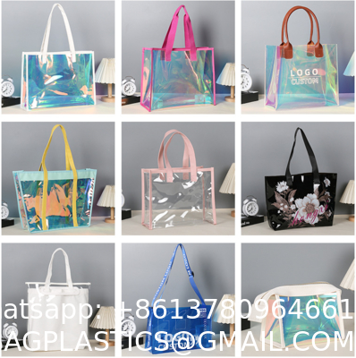 Custom Logo Eco-Friendly Recycle Iridescent Hologram Colorful Pvc Plastic Beach Bag TPU Handle Holographic Tote Shopping Bag