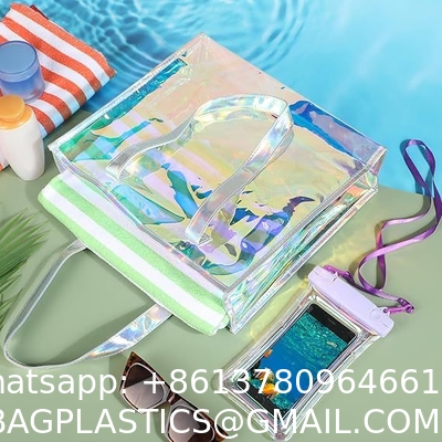 Beach Totes Bags For Women Waterproof Iridescent Shoulder Handbags With Phone Pouch Clear Beach Bag, Foldable & Washable Tote Bag For Work Gym Pool, Travel Wedding, Compatible
