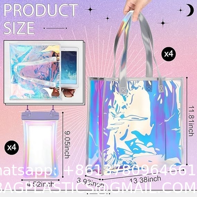 Beach Totes Bags For Women Waterproof Iridescent Shoulder Handbags With Phone Pouch Clear Beach Bag, Foldable & Washable Tote Bag For Work Gym Pool, Travel Wedding, Compatible