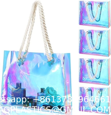 Beach Totes Bags For Women Waterproof Iridescent Shoulder Handbags With Phone Pouch Clear Beach Bag, Foldable & Washable Tote Bag For Work Gym Pool, Travel Wedding, Compatible