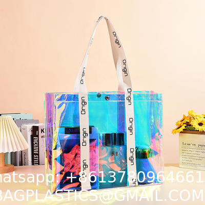 Beach Totes Bags For Women Waterproof Iridescent Shoulder Handbags With Phone Pouch Clear Beach Bag, Foldable & Washable Tote Bag For Work Gym Pool, Travel Wedding, Compatible