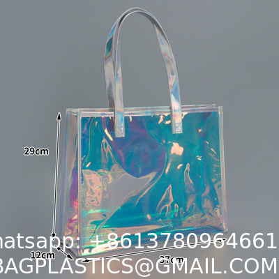 sustainable recyclable Holographic Clear Tote Bag With Leather Handle Iridescent Bachelorette Beach Bag For Work Stadium Travel
