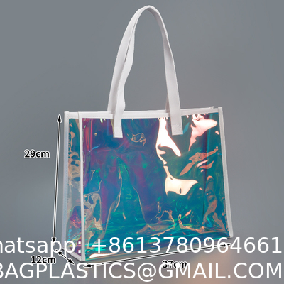 sustainable recyclable Holographic Clear Tote Bag With Leather Handle Iridescent Bachelorette Beach Bag For Work Stadium Travel