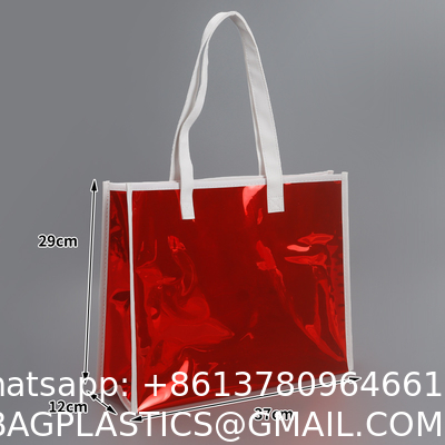 sustainable recyclable Holographic Clear Tote Bag With Leather Handle Iridescent Bachelorette Beach Bag For Work Stadium Travel