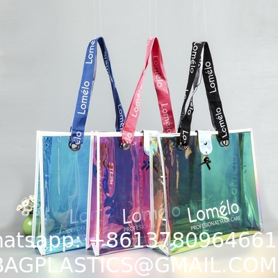 sustainable recyclable Holographic Clear Tote Bag With Leather Handle Iridescent Bachelorette Beach Bag For Work Stadium Travel