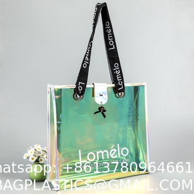 sustainable recyclable Holographic Clear Tote Bag With Leather Handle Iridescent Bachelorette Beach Bag For Work Stadium Travel