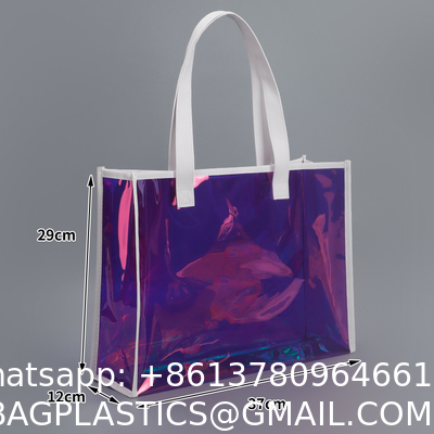 sustainable recyclable Holographic Clear Tote Bag With Leather Handle Iridescent Bachelorette Beach Bag For Work Stadium Travel