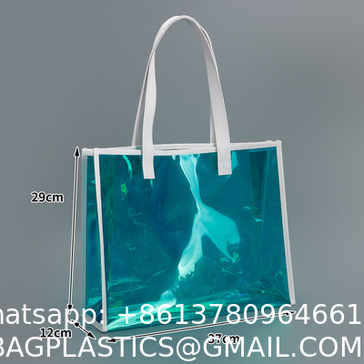 sustainable recyclable Holographic Clear Tote Bag With Leather Handle Iridescent Bachelorette Beach Bag For Work Stadium Travel