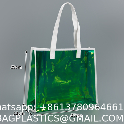 sustainable recyclable Holographic Clear Tote Bag With Leather Handle Iridescent Bachelorette Beach Bag For Work Stadium Travel