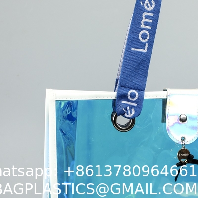 sustainable recyclable Holographic Clear Tote Bag With Leather Handle Iridescent Bachelorette Beach Bag For Work Stadium Travel