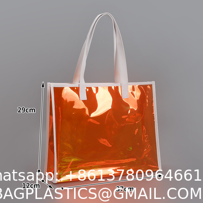 sustainable recyclable Holographic Clear Tote Bag With Leather Handle Iridescent Bachelorette Beach Bag For Work Stadium Travel