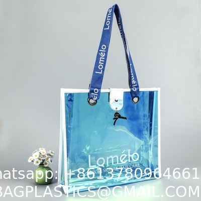 sustainable recyclable Holographic Clear Tote Bag With Leather Handle Iridescent Bachelorette Beach Bag For Work Stadium Travel