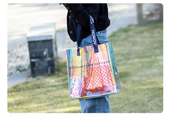 hologram holographic shiny fashion sustainable Waterproof Beach Bags Women Clear Iridescent Tote Bag Cosmetic Pouch For Phone Travel Beach Pool Essentials