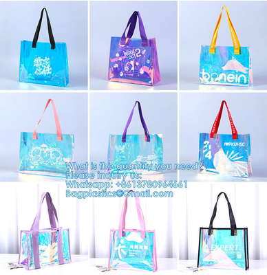 Wholesale Custom Rainbow Color Laser Shopping Bag Holographic Iridescent Jelly Clear PVC Tote Bag Popular Fashion Beach Accept Shiny Reusable Hologram Clear Laser Transparent Pvc Tote Bag