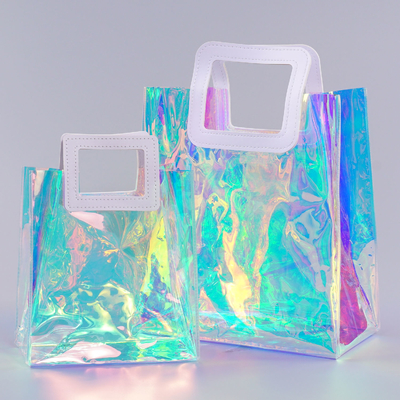 Beach Bag Waterproof Clear Jelly Candy Color Transparent PVC Tote Shopping Bag Custom Logo Pvc Clear Laser Gift Bag For Women Waterproof Transparent Holographic Packaging Summer Beach Pvc Tote