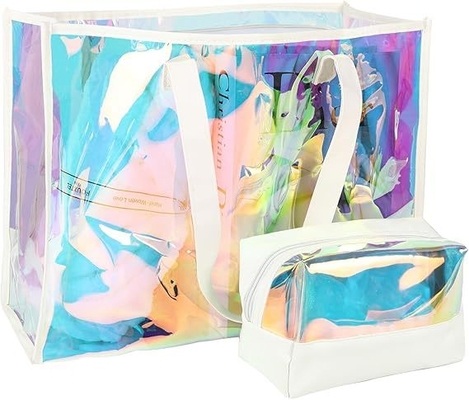 Vinyl beach totes handy bag, handle bag, should bag, Clear bag, Holographic Tote Bags, Iridescent Waterproof Top Handle Bag, Clear Jelly Totes Vocation Party Beach Bag