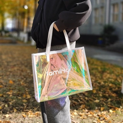 Vinyl beach totes handy bag, handle bag, should bag, Clear bag, Holographic Tote Bags, Iridescent Waterproof Top Handle Bag, Clear Jelly Totes Vocation Party Beach Bag