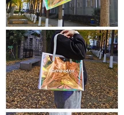 Vinyl beach totes handy bag, handle bag, should bag, Clear bag, Holographic Tote Bags, Iridescent Waterproof Top Handle Bag, Clear Jelly Totes Vocation Party Beach Bag