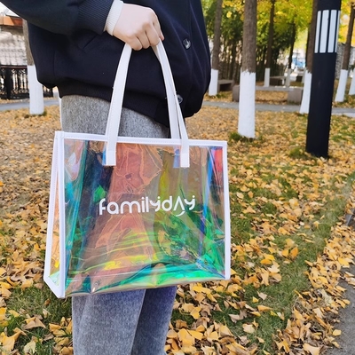 Vinyl beach totes handy bag, handle bag, should bag, Clear bag, Holographic Tote Bags, Iridescent Waterproof Top Handle Bag, Clear Jelly Totes Vocation Party Beach Bag