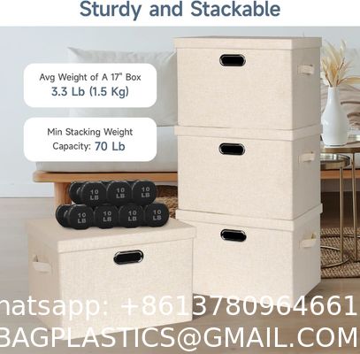 Linen Fabric, Metal Handles Collapsible Stackable Storage Bins With Lids, Packs White Linen Fabric Closet Boxes With Lids, Storage Cube Baskets Container Organizers For Bedroom Office