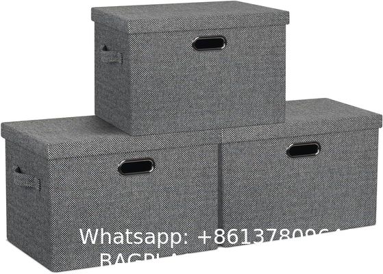 DURABLE DOUBLE-SIDED HANDLES Linen Foldable Storage Bins With Lids, 2 Pack, Storage Boxes With Carrying Handles And Sturdy Heavy Cardboard